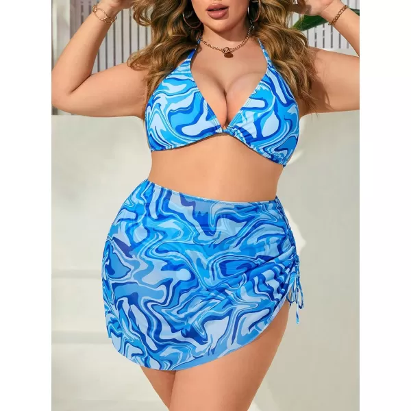 Floerns Women's Plus Size 3 Piece Bathing Suit Bikini Swimsuit with Cover Up Skirt