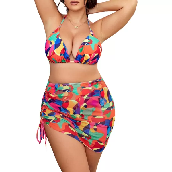 Floerns Women's Plus Size 4 Pcs Swimwear Geo Print Halter Triangle Bikini Set with Cover Up