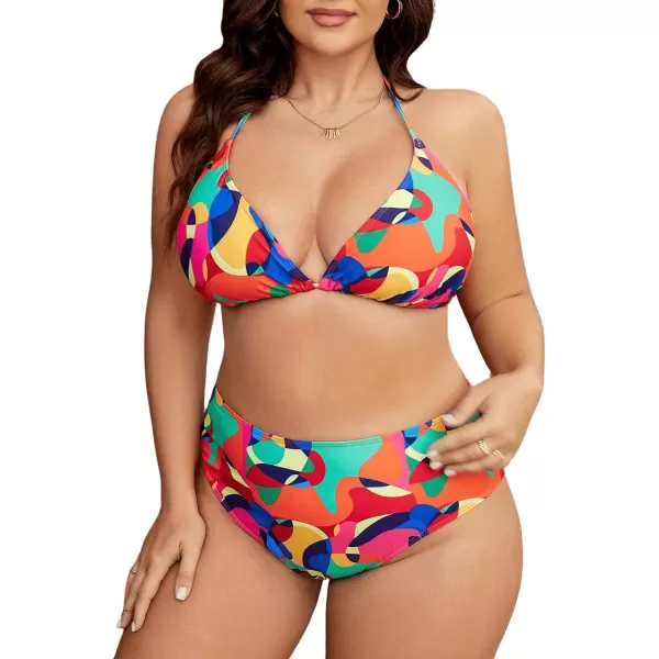 Floerns Women's Plus Size 4 Pcs Swimwear Geo Print Halter Triangle Bikini Set with Cover Up