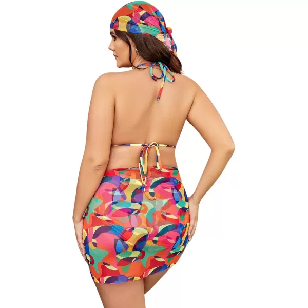 Floerns Women's Plus Size 4 Pcs Swimwear Geo Print Halter Triangle Bikini Set with Cover Up