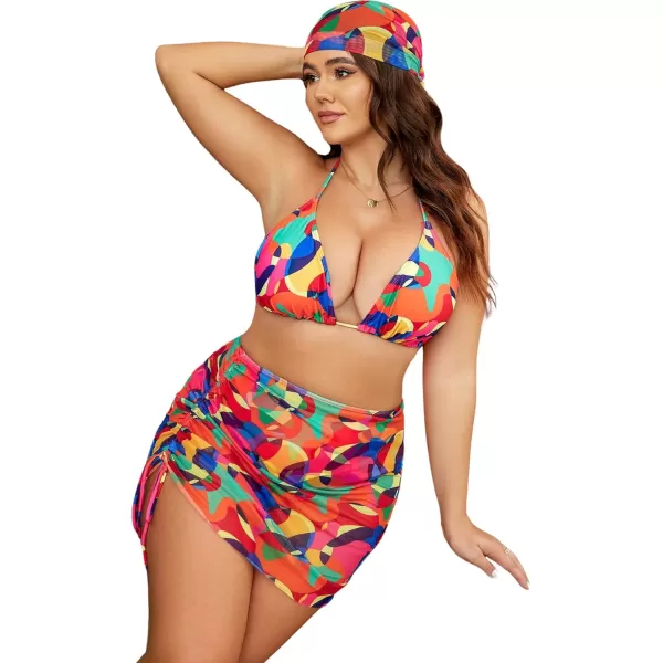 Floerns Women's Plus Size 4 Pcs Swimwear Geo Print Halter Triangle Bikini Set with Cover Up