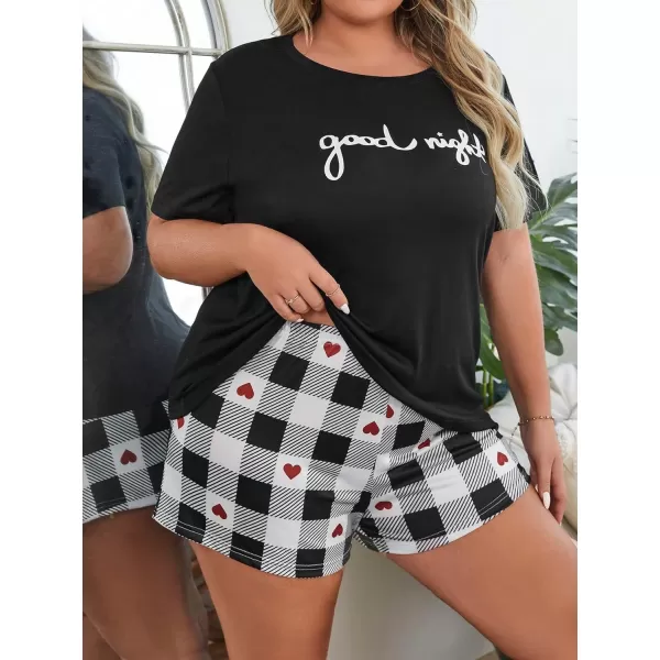 Floerns Women's Plus Size Plaid Print Pajama Set Lounge Tee Shirt Shorts Pjs Set
