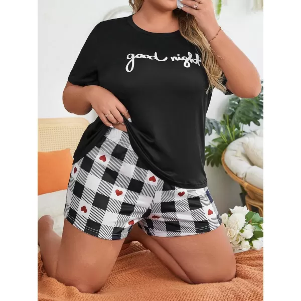 Floerns Women's Plus Size Plaid Print Pajama Set Lounge Tee Shirt Shorts Pjs Set