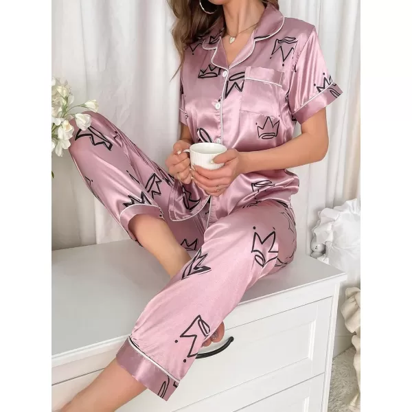 Floerns Women's Printed Two Piece Short Sleeve Sleepwear Long Pants Pajamas Sets