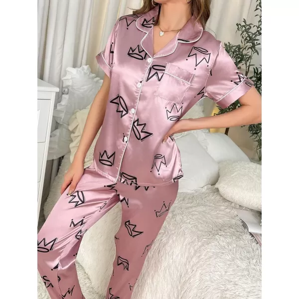 Floerns Women's Printed Two Piece Short Sleeve Sleepwear Long Pants Pajamas Sets