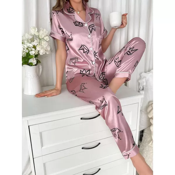 Floerns Women's Printed Two Piece Short Sleeve Sleepwear Long Pants Pajamas Sets