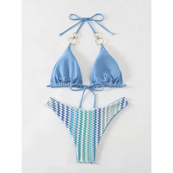 Floerns Women's Striped Print High Cut Halter Neck Triangle Bikini Swimsuit