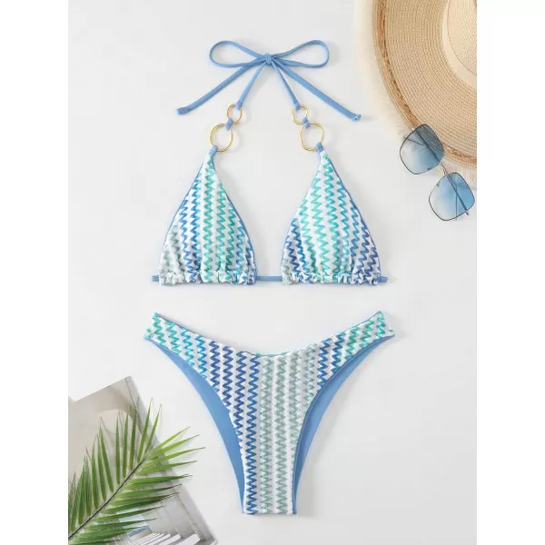 Floerns Women's Striped Print High Cut Halter Neck Triangle Bikini Swimsuit