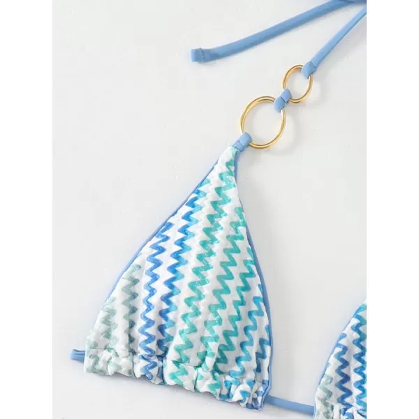Floerns Women's Striped Print High Cut Halter Neck Triangle Bikini Swimsuit