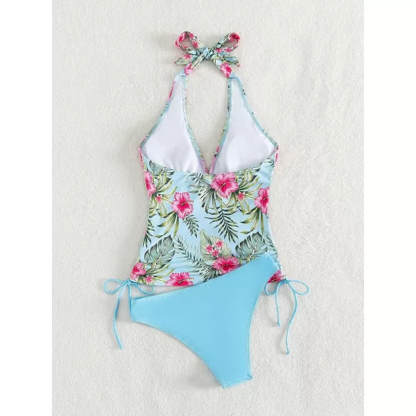 Floerns Women's Tropical Print Halter Neck Tie Side Two Piece Tankini Bathing Suit