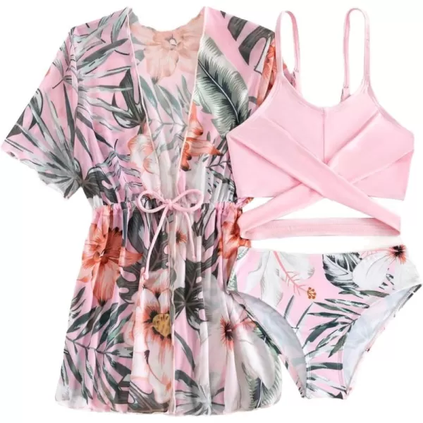 Floerns Girl's 3 Piece Bathing Suit Tropcial Kimono Cover Up with Bikini Swimsuit