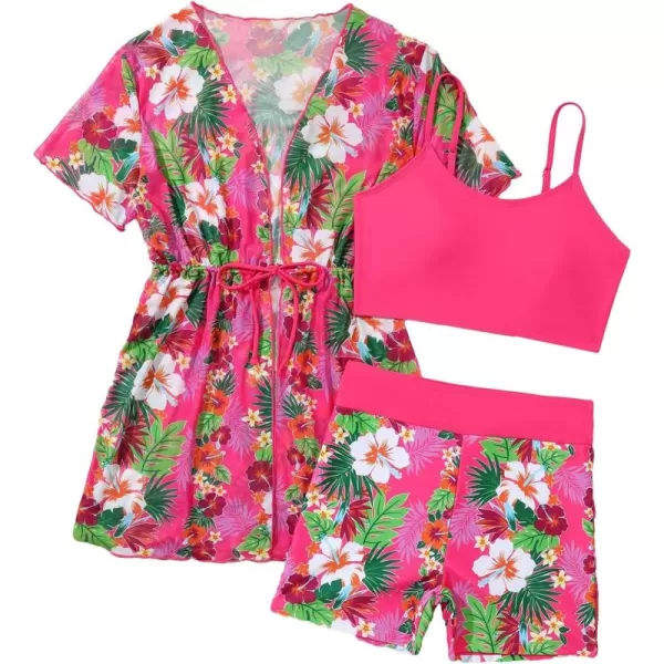 Floerns Girl's 3 Piece Bathing Suit Tropical Print Bikini Set with Kimono Cover Up