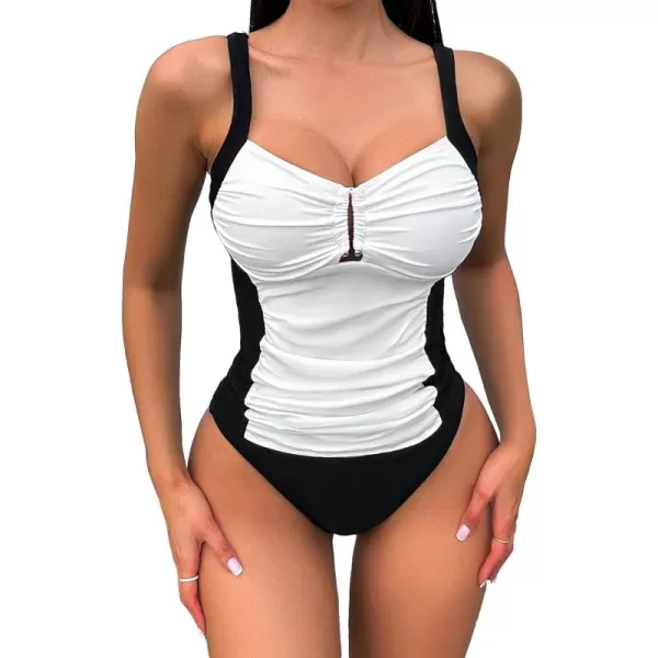 Floerns Women's 2 Piece Bathing Suit Colorblock Ruched Backless Top and Bottoms Tankini Swimsuit
