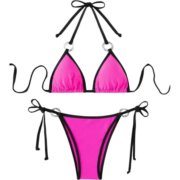 Floerns Women's 2 Piece Colorblock String Tie Back Triangle Bikini Swimsuit Set
