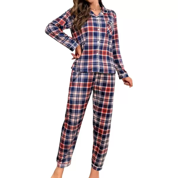 Floerns Women's 2 Piece Sleepwear Plaid Print Long Sleeve Shirt with Pants Pj Set