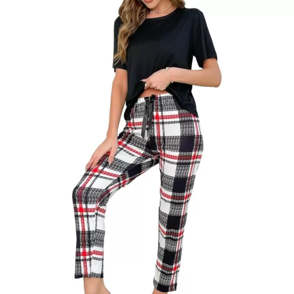 Floerns Women's 2 Piece Sleepwear Tee Shirt and Plaid Print Pants Pajama Set