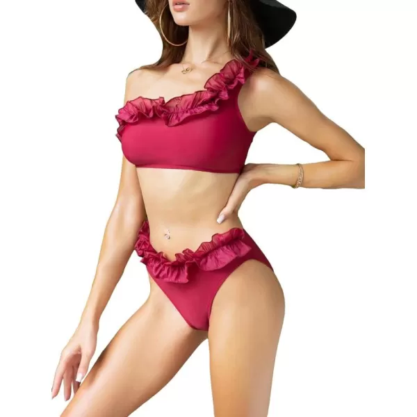 Floerns Women's 2 Piece Solid One Shoulder Frilled Trim Ruffle Bikini Swimsuit Set