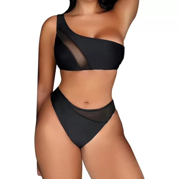 Floerns Women's 2 Piece Solid One Shoulder Mesh Bra and Bottoms Bikini Swimsuit Set