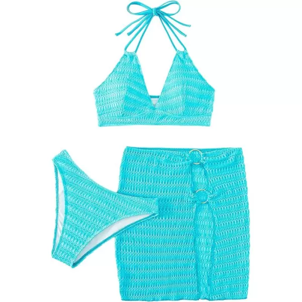 Floerns Women's 3 Piece Bathing Suit Halter Neck Bikini Swimsuit with Beach Skirt