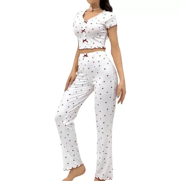Floerns Women's Heart Print Short Sleeve Lettuce Trim Bow Tie T Shirt and Pants 2 Piece Pajama Set