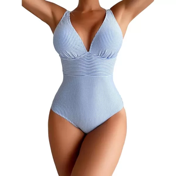 Floerns Women's One Piece Striped Print Lined V Neck Sleeveless Bikini Swimsuit