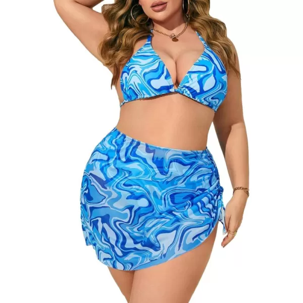 Floerns Women's Plus Size 3 Piece Bathing Suit Bikini Swimsuit with Cover Up Skirt