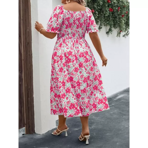 Floerns Women's Plus Size Floral Print Tie Front Square Neck Slit Hem Midi Dress