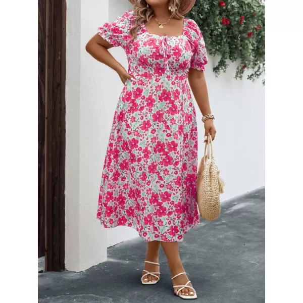 Floerns Women's Plus Size Floral Print Tie Front Square Neck Slit Hem Midi Dress