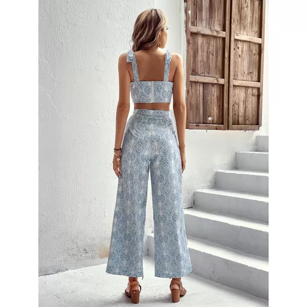 Floerns Women's 2 Piece Boho Floral Print Knot Shoulder Zip Back Crop Cami Top and Maxi Pants Set