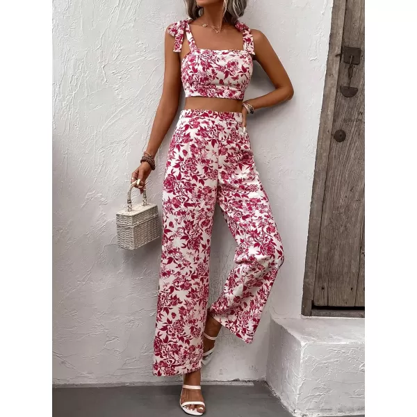 Floerns Women's 2 Piece Boho Floral Print Knot Shoulder Zip Back Crop Cami Top and Maxi Pants Set