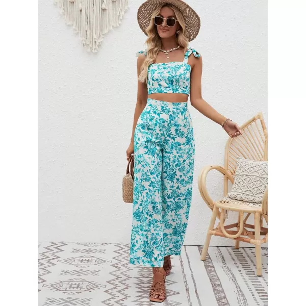 Floerns Women's 2 Piece Boho Floral Print Knot Shoulder Zip Back Crop Cami Top and Maxi Pants Set