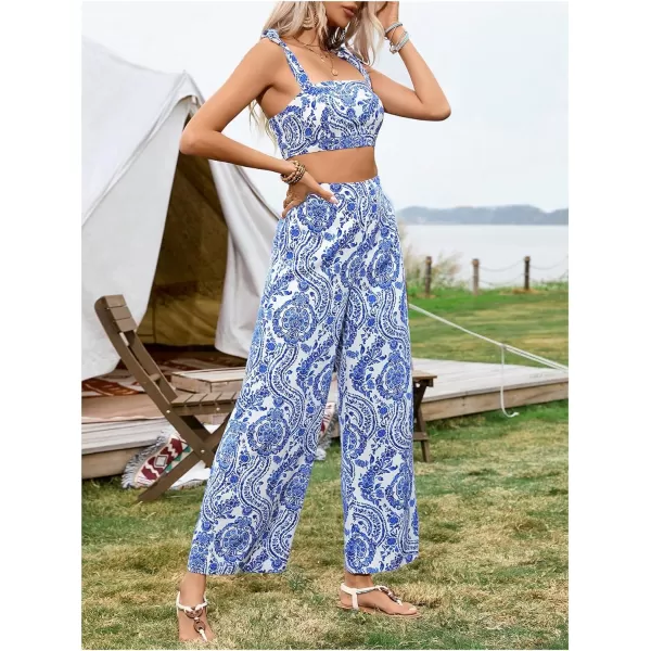 Floerns Women's 2 Piece Boho Floral Print Knot Shoulder Zip Back Crop Cami Top and Maxi Pants Set