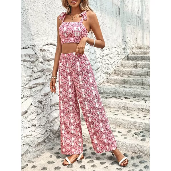 Floerns Women's 2 Piece Boho Floral Print Knot Shoulder Zip Back Crop Cami Top and Maxi Pants Set