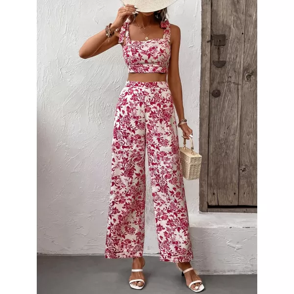 Floerns Women's 2 Piece Boho Floral Print Knot Shoulder Zip Back Crop Cami Top and Maxi Pants Set