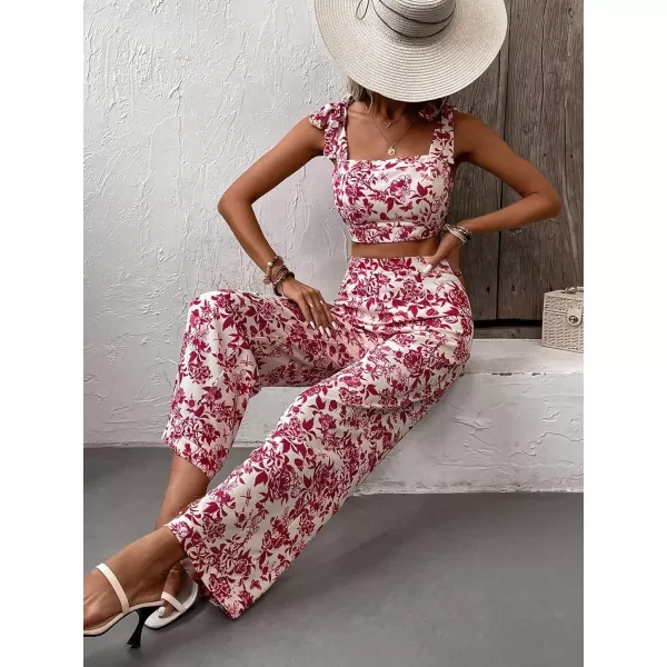 Floerns Women's 2 Piece Boho Floral Print Knot Shoulder Zip Back Crop Cami Top and Maxi Pants Set