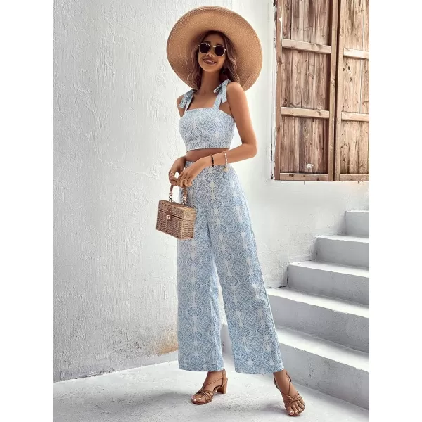 Floerns Women's 2 Piece Boho Floral Print Knot Shoulder Zip Back Crop Cami Top and Maxi Pants Set