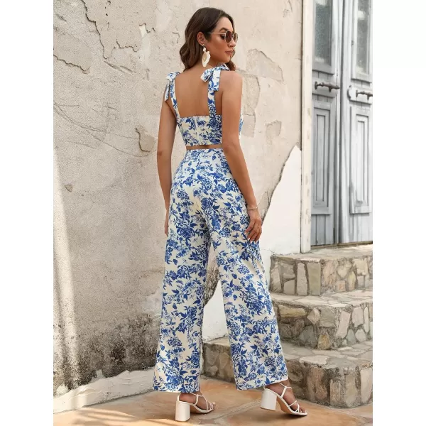 Floerns Women's 2 Piece Boho Floral Print Knot Shoulder Zip Back Crop Cami Top and Maxi Pants Set