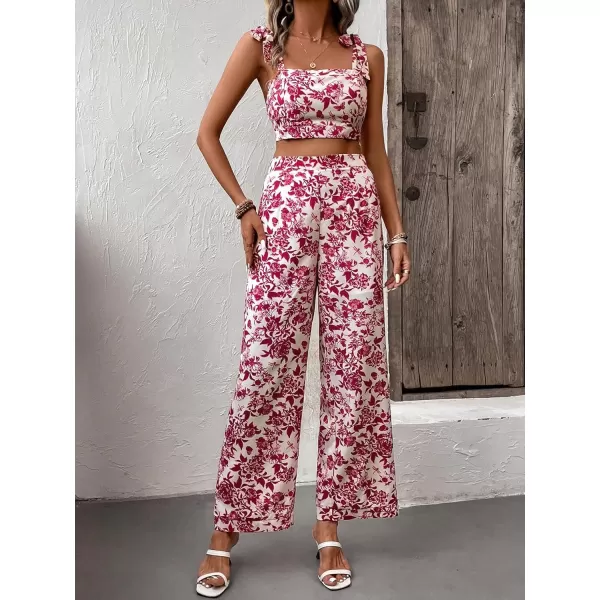 Floerns Women's 2 Piece Boho Floral Print Knot Shoulder Zip Back Crop Cami Top and Maxi Pants Set
