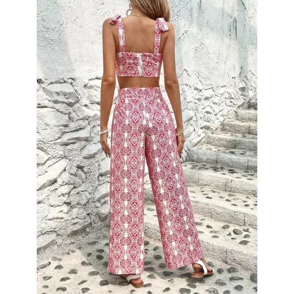 Floerns Women's 2 Piece Boho Floral Print Knot Shoulder Zip Back Crop Cami Top and Maxi Pants Set