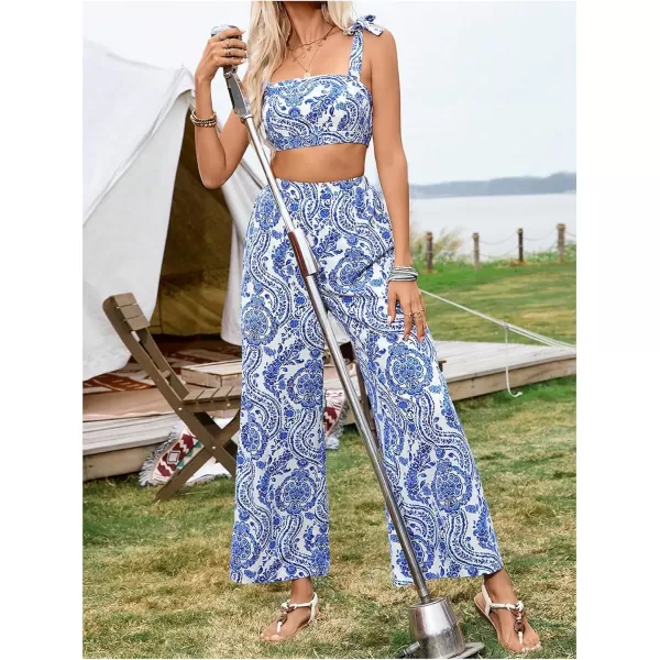 Floerns Women's 2 Piece Boho Floral Print Knot Shoulder Zip Back Crop Cami Top and Maxi Pants Set