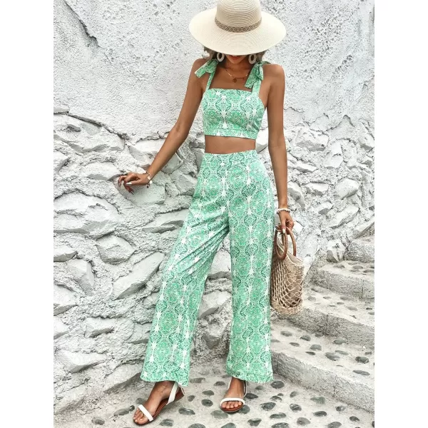 Floerns Women's 2 Piece Boho Floral Print Knot Shoulder Zip Back Crop Cami Top and Maxi Pants Set