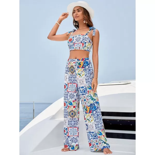 Floerns Women's 2 Piece Boho Floral Print Knot Shoulder Zip Back Crop Cami Top and Maxi Pants Set