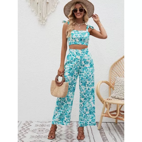 Floerns Women's 2 Piece Boho Floral Print Knot Shoulder Zip Back Crop Cami Top and Maxi Pants Set