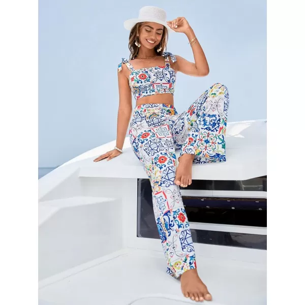 Floerns Women's 2 Piece Boho Floral Print Knot Shoulder Zip Back Crop Cami Top and Maxi Pants Set