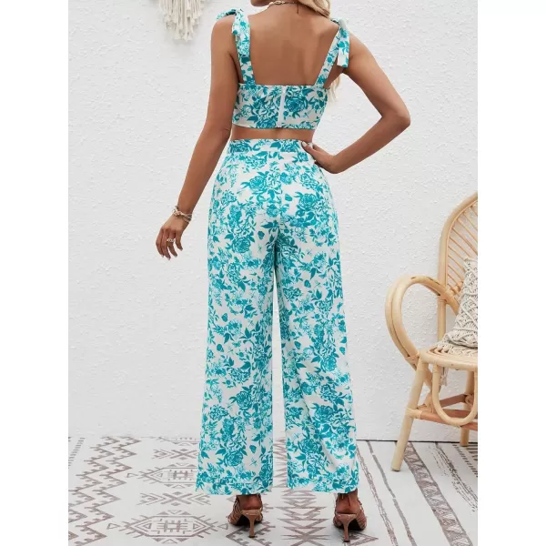 Floerns Women's 2 Piece Boho Floral Print Knot Shoulder Zip Back Crop Cami Top and Maxi Pants Set