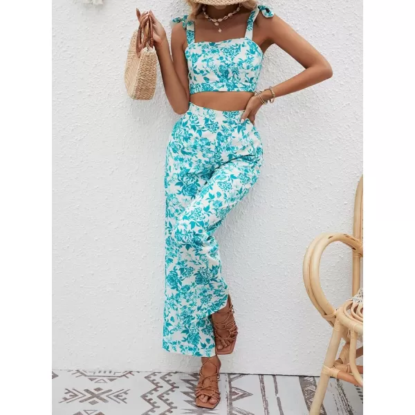 Floerns Women's 2 Piece Boho Floral Print Knot Shoulder Zip Back Crop Cami Top and Maxi Pants Set