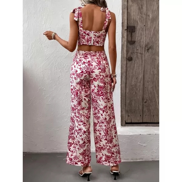 Floerns Women's 2 Piece Boho Floral Print Knot Shoulder Zip Back Crop Cami Top and Maxi Pants Set