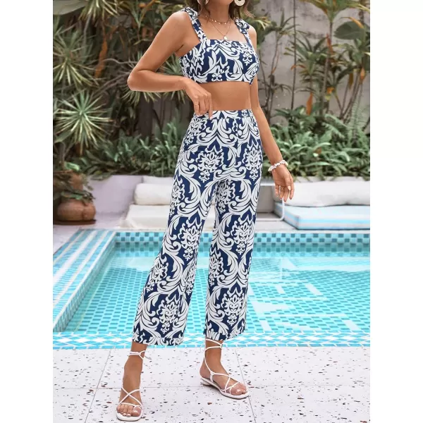 Floerns Women's 2 Piece Boho Floral Print Knot Shoulder Zip Back Crop Cami Top and Maxi Pants Set