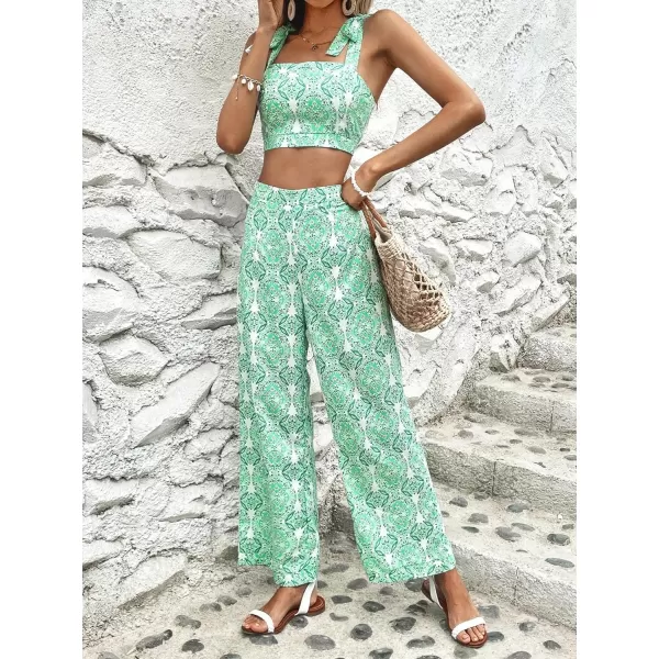 Floerns Women's 2 Piece Boho Floral Print Knot Shoulder Zip Back Crop Cami Top and Maxi Pants Set