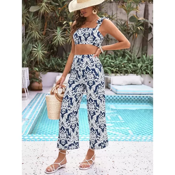 Floerns Women's 2 Piece Boho Floral Print Knot Shoulder Zip Back Crop Cami Top and Maxi Pants Set